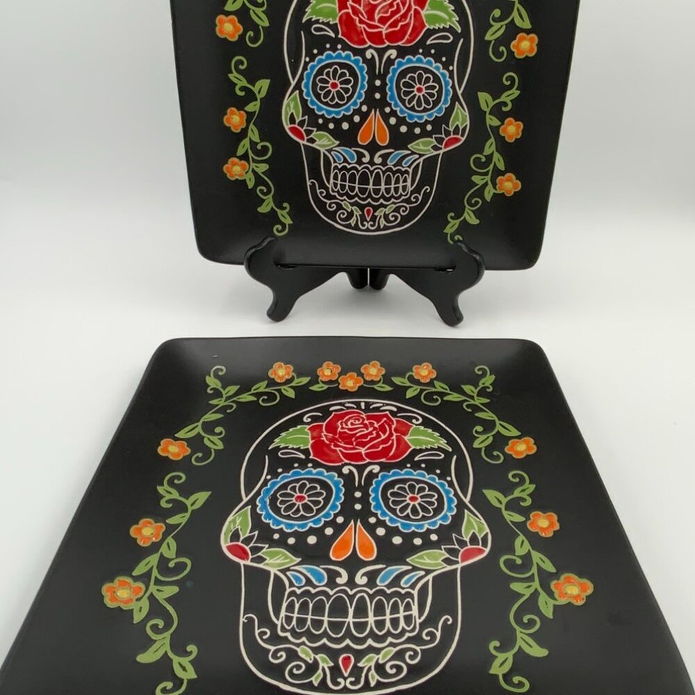 Pair of Eli & Ana Square Ceramic Dinner Plates Day of The Dead Skeleton